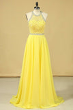 2024 A Line Prom Dresses Halter Beaded Bodice Open Back Sweep Train Chiffon & Tulle PFZH5PAD