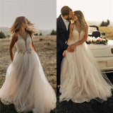Spaghetti Straps Tulle Deep V-Neck Wedding Dresses, Romantic Bohemian Beach Bridal Dress STK15421