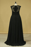 2024 Plus Size Black Evening Dresses A Line Scoop Cap Sleeves Chiffon With Applique And PX6GASL1