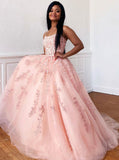 Pink Sleeveless A Line Tulle Lace Appliques Long Prom Dresses