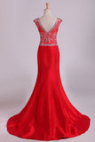 2024 Red Bateau Lace&Taffeta Prom Dresses Mermaid With Beads