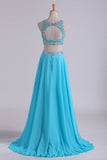 2024 Bateau Two Pieces Prom Dresses A Line Beaded Bodice Open Back Floor Length Chiffon & PSZPABKA