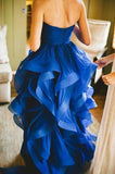 High Low Royal Blue Organza Prom Gowns Strapless Evening Dresses For Teens Brides