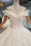 2024 Off-The-Shoulder Ball Gown Lace Lace Up Back Royal Train Wedding Dress PQC5J5XY