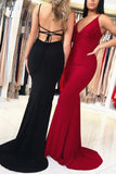 Simple V Neck Mermaid Backless Black Spaghetti Straps Prom Dresses Long Party Dress STK15403