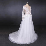 Long Sleeves White A-line Tulle Beach Wedding Dresses with Lace Appliques, Bridal Dress STK15255