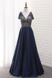 2024 A Line Satin V Neck Beaded Bodice Prom Dress Open Back P6ENEXH3