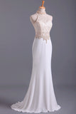 2024 Hot High Neck Prom Dresses Sheath Lace & Spandex Sweep PBG51FGC