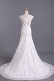 2024 New A-Line Wedding Dresses Bateau Court Train Covered Button Tulle & Lace PQ2ZJ48C