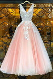 Pink V Neck Tulle Lace Appliques Long Prom Dresses