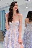 Charming Sweetheart Strapless Lace Appliques Lilac Prom Dresses with STK15632