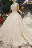 2024 Luxury Wedding Dresses Halter A-Line Lace Half Sleeves Open Back Cathedral Train Top PS5BQBT1