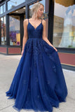 Dark Blue Sleeveless A Line Lace Tulle Long Prom Dresses