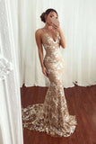 Sexy Mermaid V neck Lace Appliques Long Prom Dresses Spaghetti Straps Formal Dresses STK15342