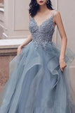 Spaghetti Straps Blue Gray Tulle V Neck Long Ruffles Prom Dresses with Lace Applique STK15411