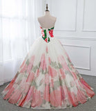 Ball Gown Floral Satin Long Tulle Evening Dresses with Lace up, Sweetheart Red Prom Dresses SRS15057