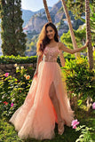 Pink Sleeveless A Line Tulle Lace Split Prom Dresses