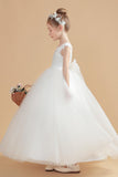 Cap Sleeves Ivory Tulle Flower Girl Dresses With Bow-Knot