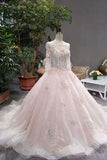 2024 New Arrival Pink Wedding Dresses Lace Up Long Sleeves With Appliques And Beading PMAS1FDB