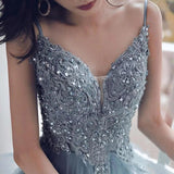 Spaghetti Straps Blue Gray Tulle V Neck Long Ruffles Prom Dresses with Lace Applique STK15411