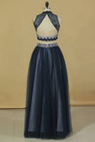 2024 Prom Dresses High Neck Two Pieces Tulle A Line With Beads Floor PN75JS1J