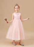 Sleeveless Applique Tulle Crepe Satin Flower Girl Dresses With Bowknot