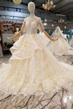 2024 Luxury Wedding Dresses High Neck A-Line Lace Half Sleeves Open Back PQB1S7T4