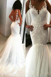 Elegant Mermaid White V Neck Appliques Wedding Dresses, Tulle Beach Wedding Gowns STK15183
