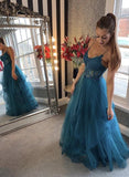 Long Prom Dresses A Line Blue Tulle Lace Appliques Formal Evening Dresses