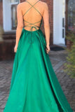 Elegant A Line Green Lace up Prom Dresses with Pockets Slit Formal Evening STK15634