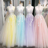 Charming Ball Gown V Neck Tulle Lace Appliques Prom Dresses, Evening STK15625