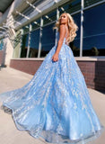 Flowy Ball Gown Light Blue Spaghetti Straps Prom Dresses, Lace Appliques Backless Prom Gowns STK15230