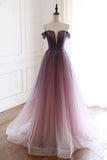 A Line Off the Shoulder Tulle Long Prom Dresses, Lace up Simple Party Dresses STK15008