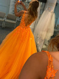 Orange V-Neck Tulle Lace A-Line Appliques Evening Dresses Long Prom Dresses