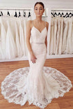 Elegant Spaghetti Straps Mermaid V Neck Lace Wedding Dresses Beach Bridal Dresses STK15202