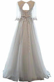 A-Line Mid-Length Sleeves Round Neck Lace Tulle Ball Gown Beading Evening PPG8QC3K