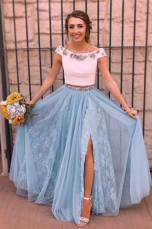 Two piece off shop the shoulder homecoming dress