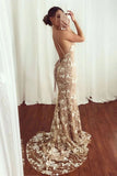 Sexy Mermaid V neck Lace Appliques Long Prom Dresses Spaghetti Straps Formal Dresses STK15342