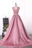 2024 Scoop A Line Satin Evening Dresses With Applique PDMN2N2Z