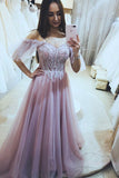 A Line Pink Tulle Lace Appliques Formal Evening Dresses Long Prom Dresses