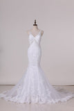 2024 Open Back Mermaid Spaghetti Straps Wedding Dresses Tulle With Applique And PD96QN8E