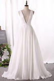 2024 V Neck A Line Taffeta Evening Dresses Sweep Train PLG113Q3