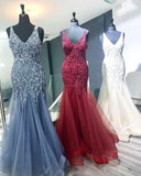 Elegant Mermaid V Neck Straps Tulle Long Prom Dresses Cheap Evening Dresses STK14975