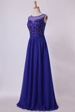 2024 Bateau Prom Dress A Line Floor Length With Embroidery And Beads PJK78329