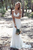 Sexy Spaghetti Straps Mermaid Lace Ivory Wedding Dresses, V Neck Beach Wedding Gowns STK15359