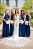 Charming Halter Neck Blue Pleated Long Bridesmaid Dresses, Wedding Party Dresses STK15099