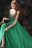 Green Prom Dress Flower Pattern Ornament Evening Dress