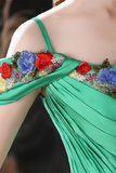 Green Prom Dress Flower Pattern Ornament Evening Dress