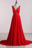 2024 A Line V Neck Prom Dresses Chiffon With Beading P9SATFD2