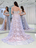 Charming Sweetheart Strapless Lace Appliques Lilac Prom Dresses with STK15632